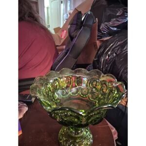 Vintage LE Smith Moon and Stars Green Glass Pedestal Compote Bowl